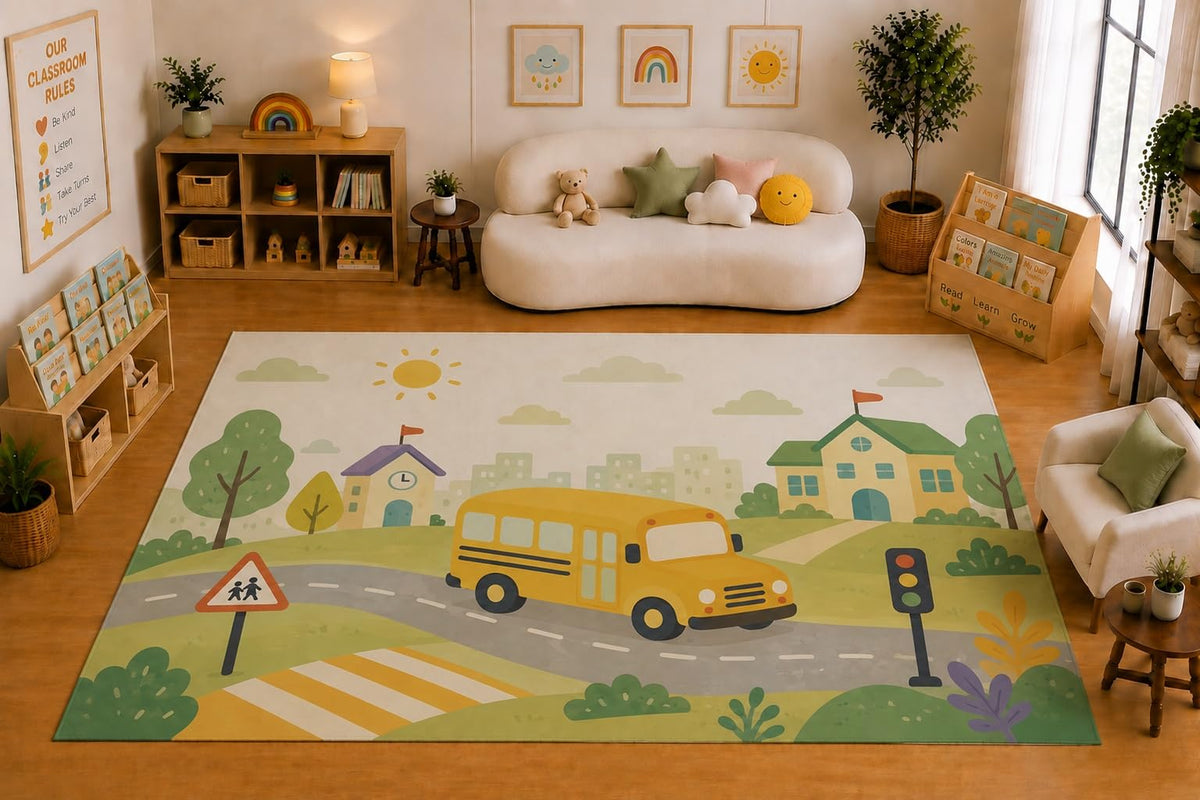 ICE ARMOR Large 6'7" x 9'10" School Bus Road Area Rug for for Kids Room, Classroom, Bedroom, Playroom Decor, Soft Low Pile Indoor Rug with Non-Slip Silicone Backing, Cream Green Yellow