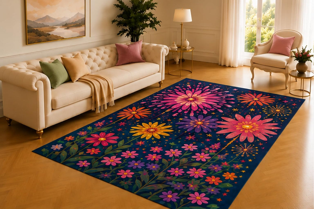 ICE ARMOR 5' x 7' Fireworks Flower Rug, Bright Pink, Orange and Purple Blooms Sparkling Across a Deep Blue Background, Festive Decor for Bedroom or Game Room