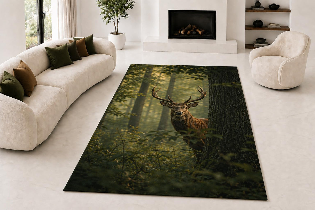 ICE ARMOR "Ultra Lightweight Large 6'7" x 9'10" Hidden Forest Deer Area Rug for Living Room, Bedroom and Home Office, Soft Low Pile Carpet with Non-Slip Silicone Backing, Olive and Charcoal