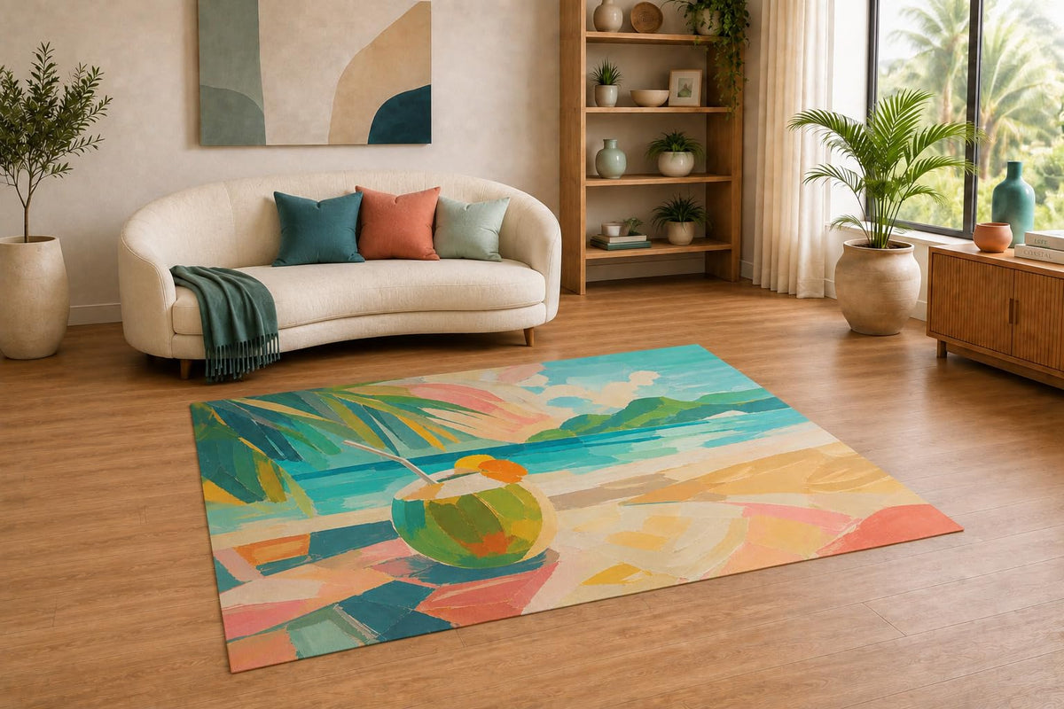 ICE ARMOR "Ultra Thin 5' x 7" Tropical Coconut Beach Area Rug for Living Room, Bedroom and Home Office, Soft Low Pile Carpet with Non-Slip Silicone Backing, Teal and Coral
