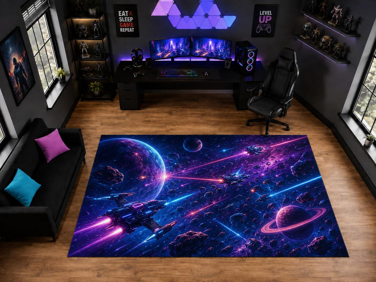 ICE ARMOR "Ultra Light Weight Large 6'7" x 9'10" Neon Space Battle Area Rug for Gaming Room Decor, Soft Low Pile Indoor Rug with Non-Slip Silicone Backing, Purple Blue Black