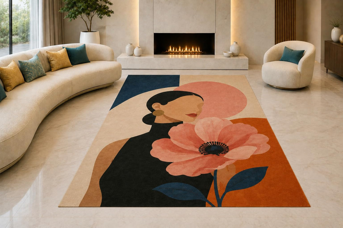 ICE ARMOR "Ultra Lightweight Large 6'7" x 9'10" Poppy Woman Silhouette Area Rug for Living Room, Bedroom and Home Office, Soft Low Pile Carpet with Non-Slip Silicone Backing, Black and Pink
