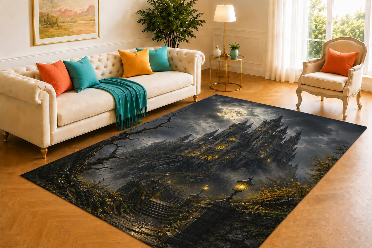 ICE ARMOR 5' x 7' Haunted Castle Rug, Crescent Gate and Crimson Rose Artwork, Smooth Printed Floor Cover for Lounge, Entryway, Office and Dark Romantic Decor