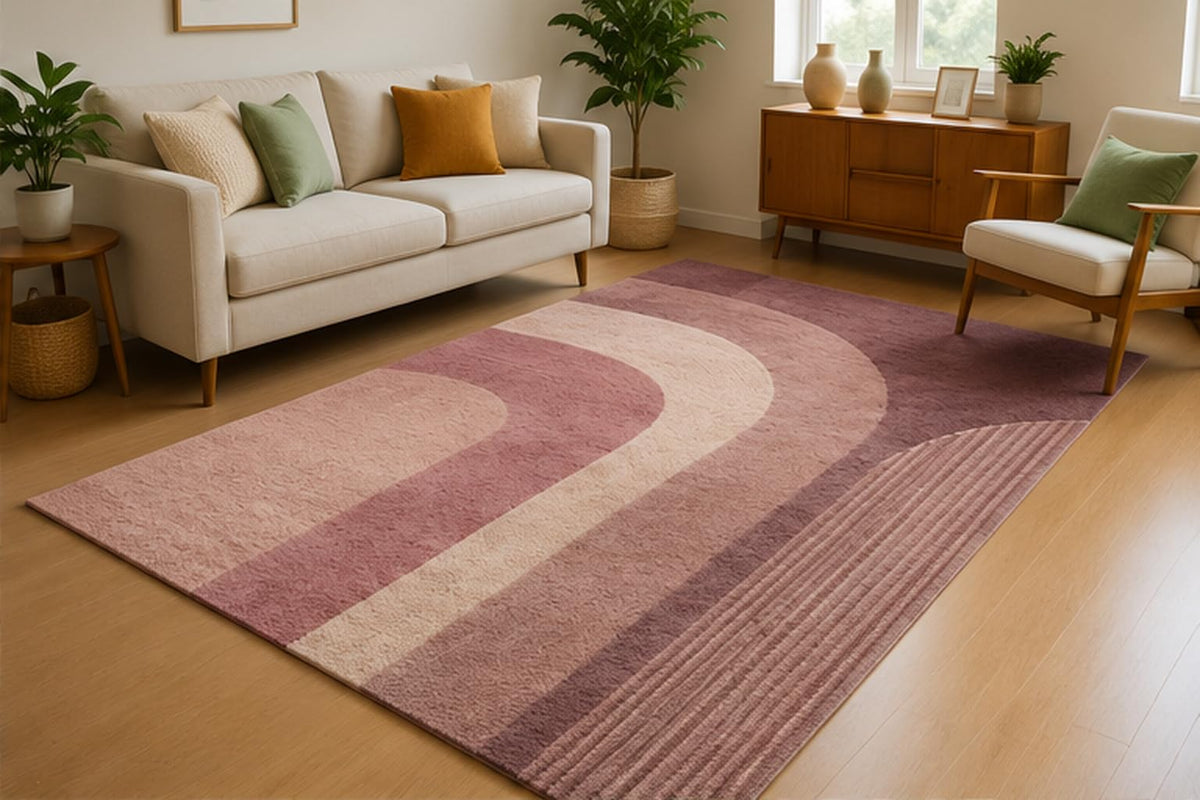 ICE ARMOR 5' x 7' Retro Arch Stripe Area Rug for Living Room, Soft Low Pile Indoor Rug with Non-Slip Silicone Backing, Modern Carpet for Bedroom, Office, Family Room, Mauve Lavender