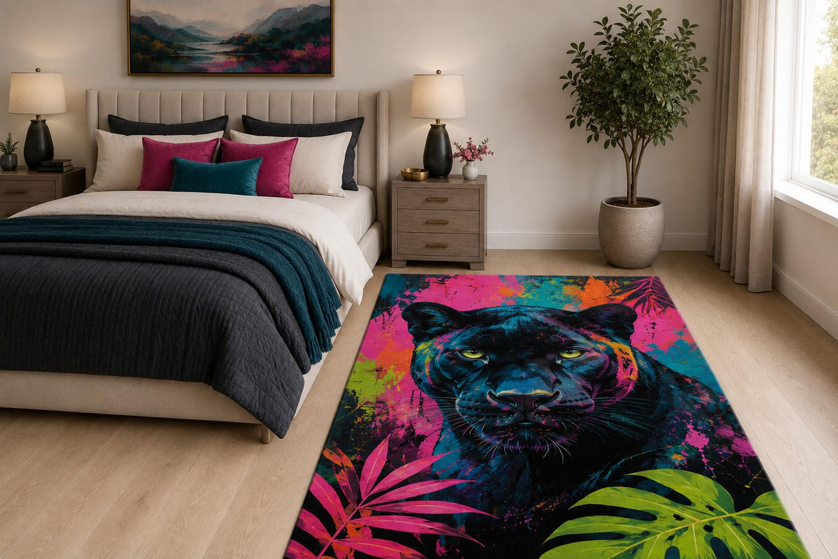 ICE ARMOR "Ultra Light Weight 5' x 7' Neon Black Panther Area Rug for Living Room, Bedroom and Home Office, Soft Low Pile Carpet with Non-Slip Silicone Backing, Pink and Teal