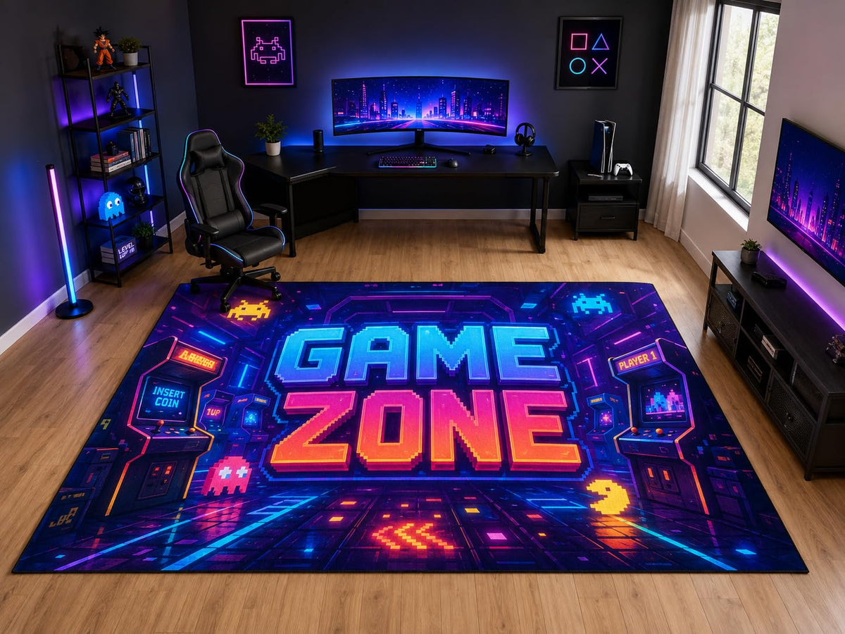 ICE ARMOR "Ultra Light Weight Large 6'7" x 9'10" Neon Game Zone Arcade Rug, Soft Low Pile Indoor Rug, Non-Slip Silicone Backing for Kids Room Purple