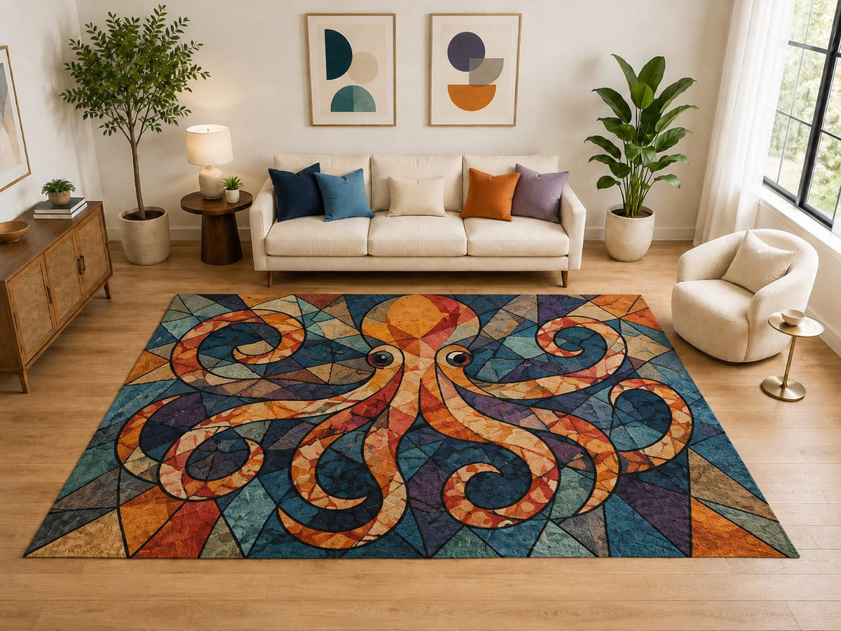 ICE ARMOR "Ultra Light Weight Large 6'7" x 9'10" Stained Glass Octopus Rug, Soft Low Pile Indoor Rug, Non-Slip Silicone Backing for Family Room Blue
