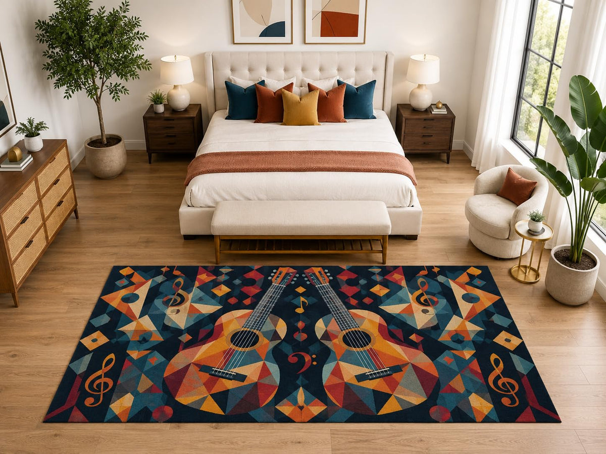ICE ARMOR "Ultra Light Weight Large 6'7" x 9'10" Twin Guitar Music Rug, Soft Low Pile Indoor Rug, Non-Slip Silicone Backing for Bedroom Navy Orange