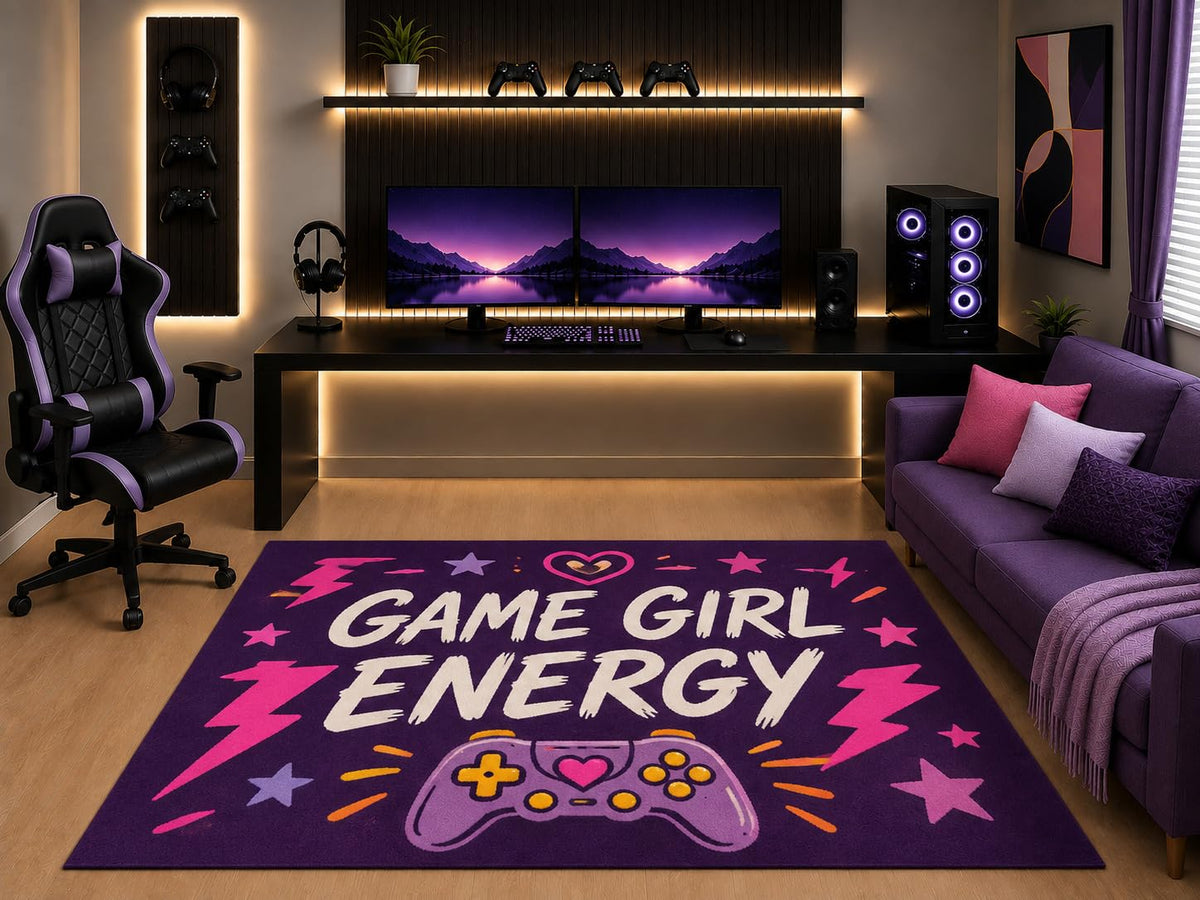 ICE ARMOR "Ultra Light Weight 5' x 7' Game Girl Energy Gaming Area Rug Pink Controller Graphic Art for Girls Teen Bedroom Gaming Room Playroom Non-Slip Silicone Backing Low Pile