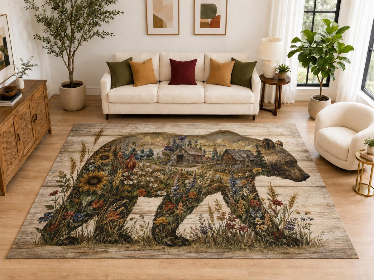 ICE ARMOR "Ultra Light Weight Large 6'7" x 9'10" Bear Floral Farm Area Rug, Soft Low Pile Indoor Rug, Non-Slip Silicone Backing, Living Room, Beige
