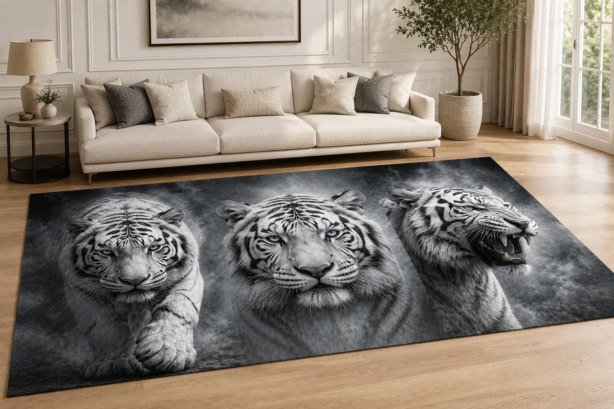 ICE ARMOR "Ultra Lightweight Large 6'7" x 9'10" Bengal Tiger Trio Area Rug for Living Room, Bedroom and Home Office, Soft Low Pile Carpet with Non-Slip Silicone Backing, White and Black