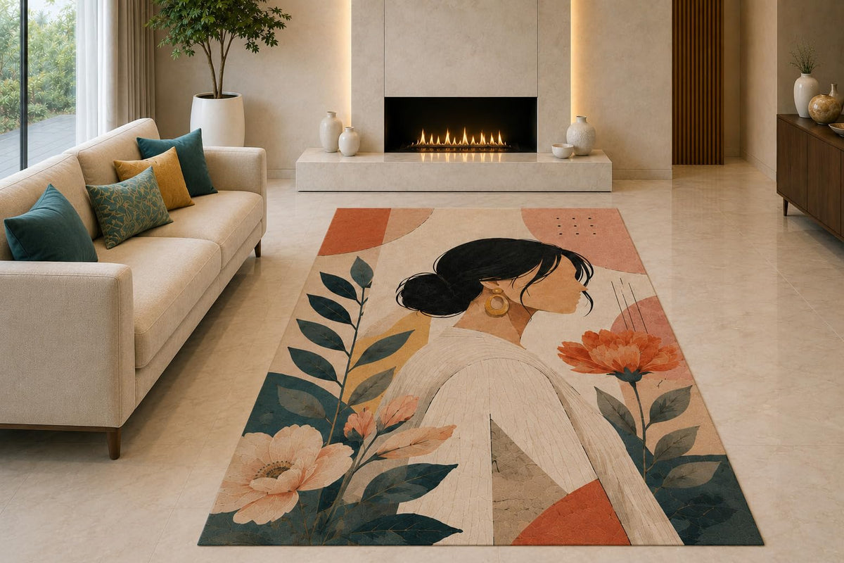 ICE ARMOR "Ultra Light Weight 5' x 7' Botanical Woman Area Rug for Living Room, Bedroom and Home Office, Soft Low Pile Carpet with Non-Slip Silicone Backing, Cream and Green
