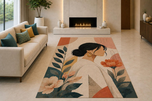 ICE ARMOR "Ultra Light Weight 5' x 7' Botanical Woman Area Rug for Living Room, Bedroom and Home Office, Soft Low Pile Carpet with Non-Slip Silicone Backing, Cream and Green