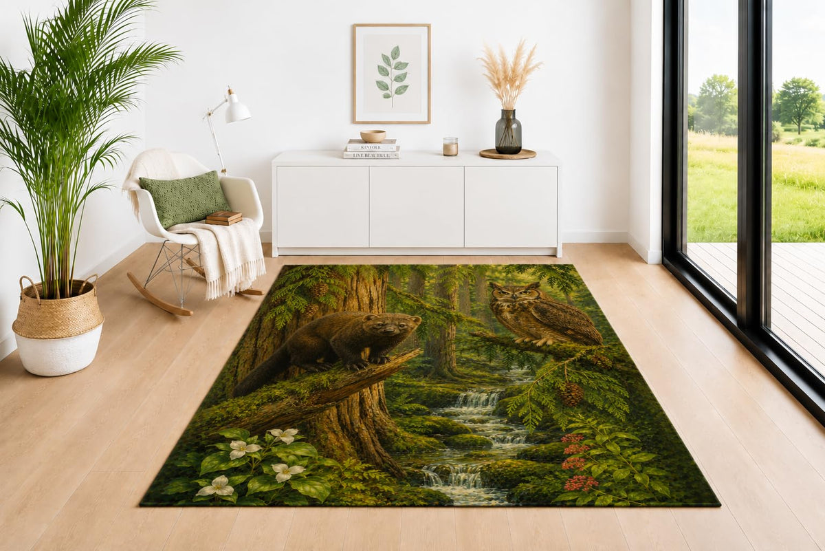 ICE ARMOR 5' x 7' Forest Fisher and Owl Area Rug, Soft Low Pile Indoor Carpet with Non-Slip Silicone Backing for Living Room, Bedroom, Dining Space, Office, Kids & Pets, Green