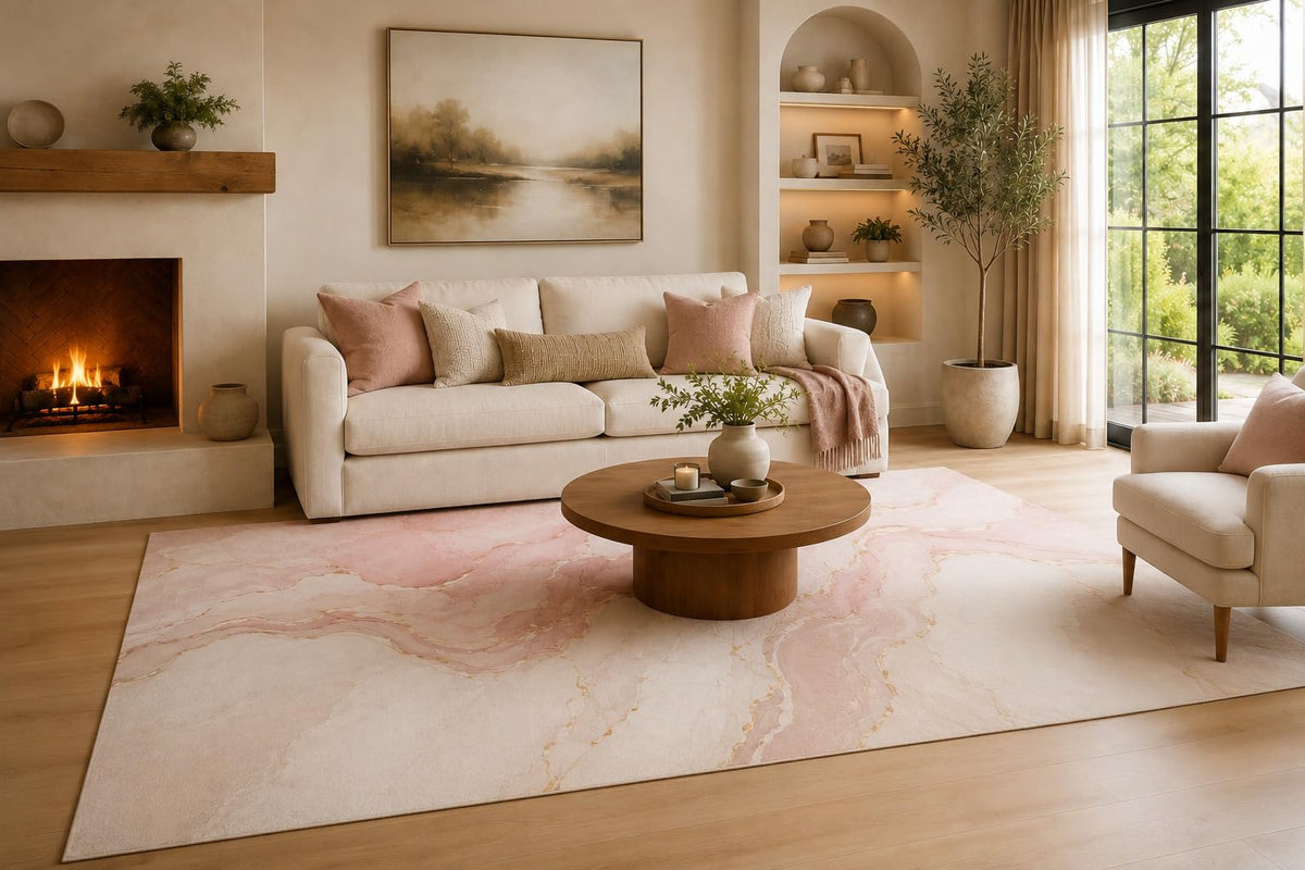 ICE ARMOR Large 6'7" x 9'10" Blush and Ivory Soft Marble Stream Area Rug for Living Room, Soft Low Pile Carpet with Non-Slip Silicone Backing, Decor for Bedroom and Home Office