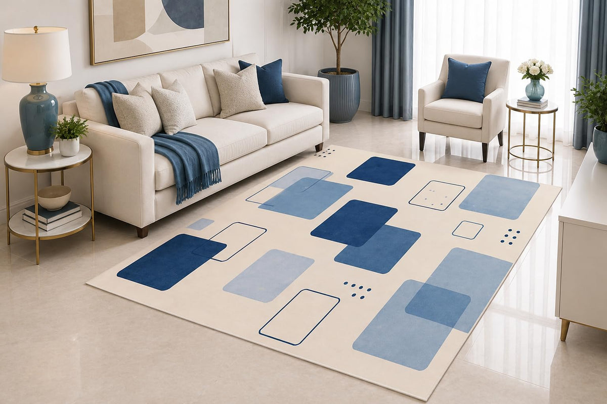 ICE ARMOR 5' x 7' Blue Geometric Area Rug, Modern Abstract Square Pattern Rug for Living Room Bedroom Home Office, Non-Slip Silicone Backing, Low Pile Carpet