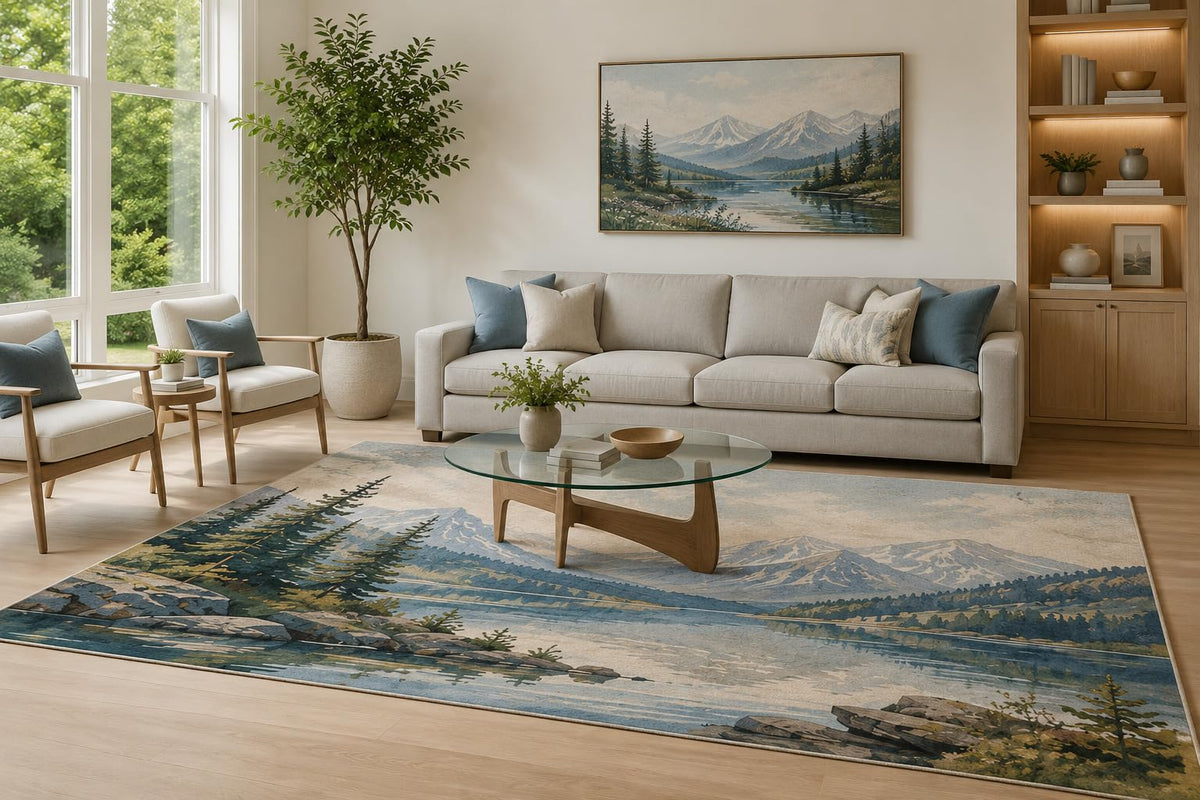 ICE ARMOR Large 6'7" x 9'10" Blue and Cream Mountain Lake Area Rug for Living Room, Soft Low Pile Carpet with Non-Slip Silicone Backing, Decor for Bedroom and Home Office