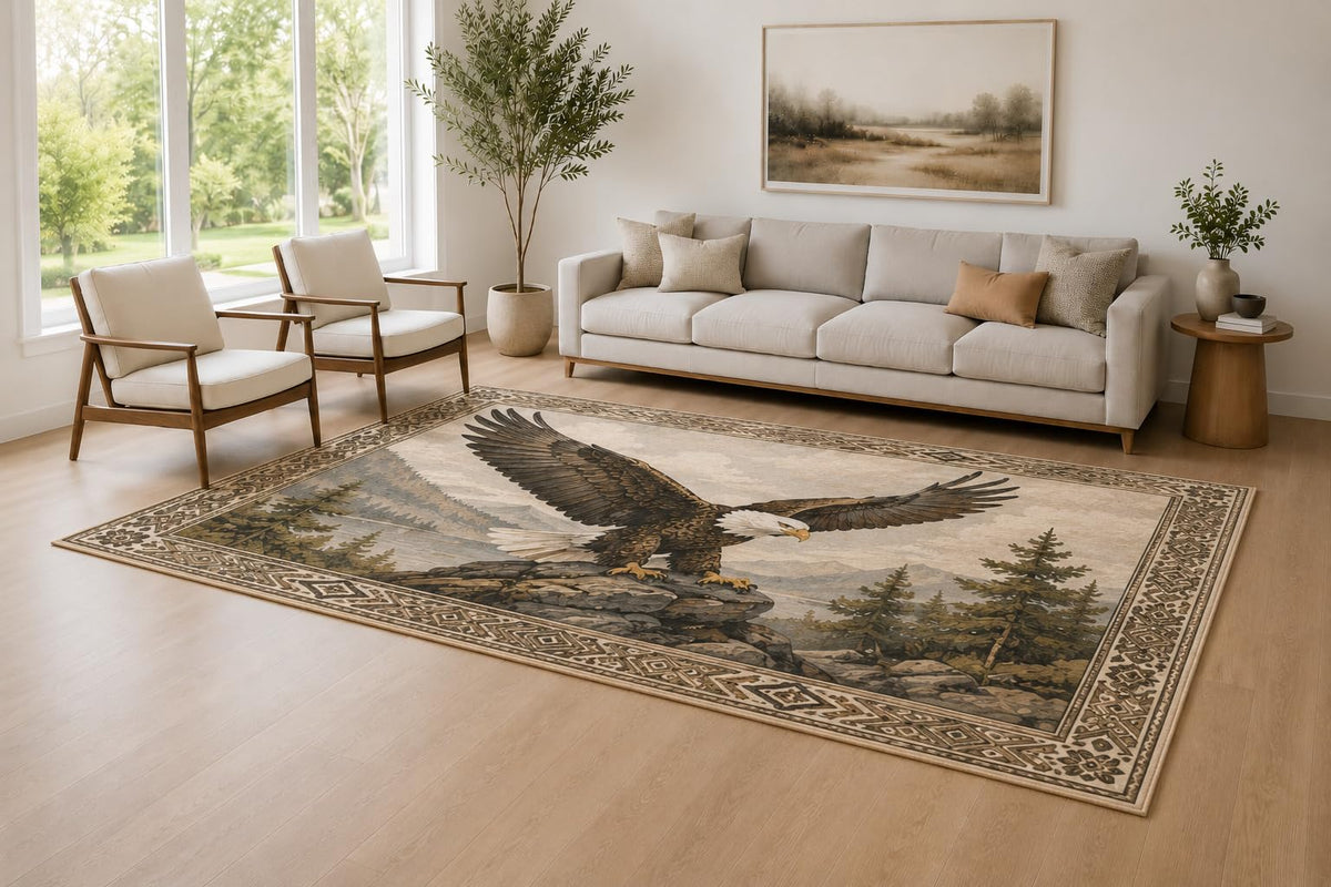 ICE ARMOR Large 6'7" x 9'10" Brown and Beige Rock Eagle Area Rug for Living Room, Soft Low Pile Carpet with Non-Slip Silicone Backing, Decor for Bedroom and Home Office