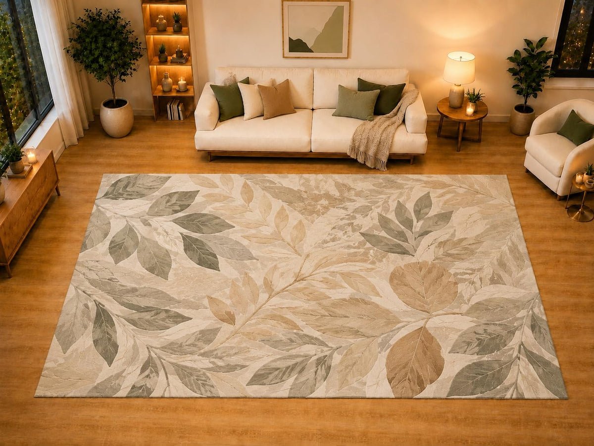 ICE ARMOR "Ultra Light Weight Large 6'7" x 9'10" Oversized Foliage Collage Area Rug for Living Room, Bedroom, Dining Room, Soft Low Pile Non-Slip Backing, Sage Khaki