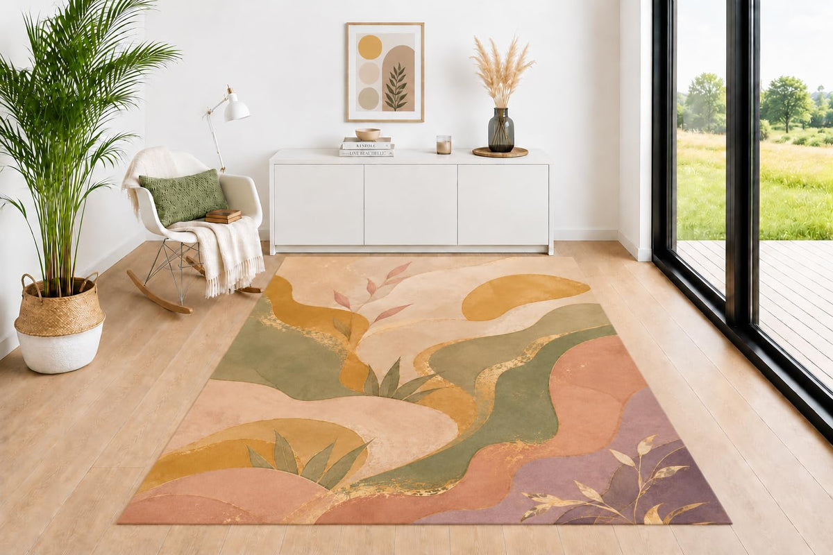 ICE ARMOR 5' x 7' Contemporary Area Rug, Organic Leaf and Flowing Wave Pattern in Sage Green Mustard Terracotta Beige, Neutral Floor Carpet for Living Room Bedroom Nursery Office Decor