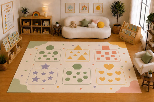 ICE ARMOR Large 6'7" x 9'10" Geometric Shape Sorting Area Rug for for Kids Room, Classroom, Bedroom, Playroom Decor, Soft Low Pile Indoor Rug with Non-Slip Silicone Backing, Pastel Multicolor