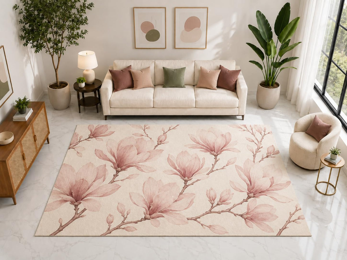 ICE ARMOR "Ultra Light Weight Large 6'7" x 9'10" Pink Magnolia Branch Rug, Soft Low Pile Indoor Rug, Non-Slip Silicone Backing for Bedroom Pink Cream