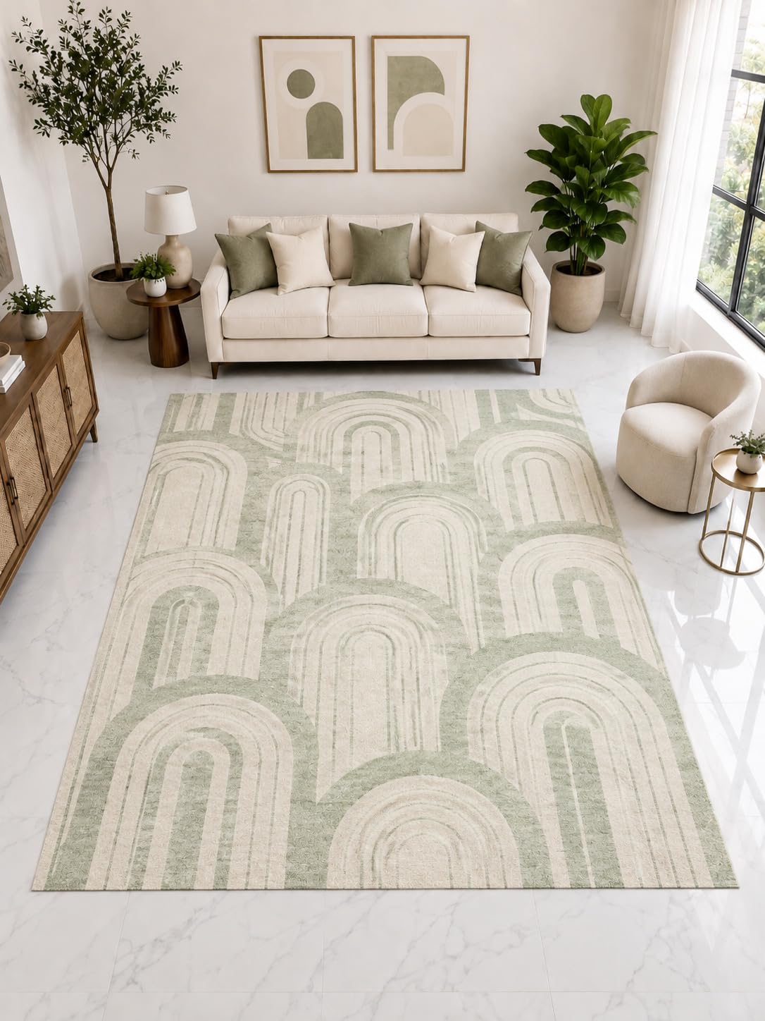 ICE ARMOR Large 6'7" x 9'10" Modern Rainbow Arch Area Rug, Soft Low Pile Indoor Rug with Non-Slip Silicone Backing for Living Room Nursery, Ivory Sage