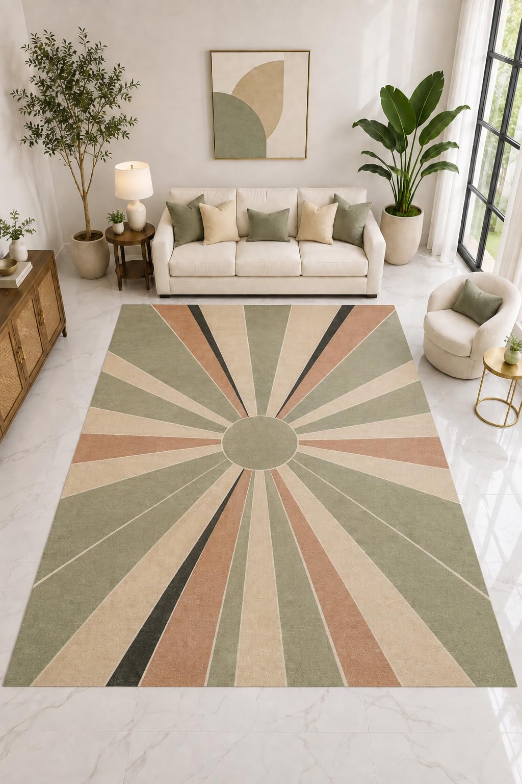 ICE ARMOR "Ultra Light Weight Large 6'7" x 9'10" Retro Sunburst Rug, Soft Low Pile Indoor Rug, Non-Slip Silicone Backing for Living Room Green