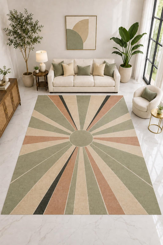 ICE ARMOR "Ultra Light Weight Large 6'7" x 9'10" Retro Sunburst Rug, Soft Low Pile Indoor Rug, Non-Slip Silicone Backing for Living Room Green