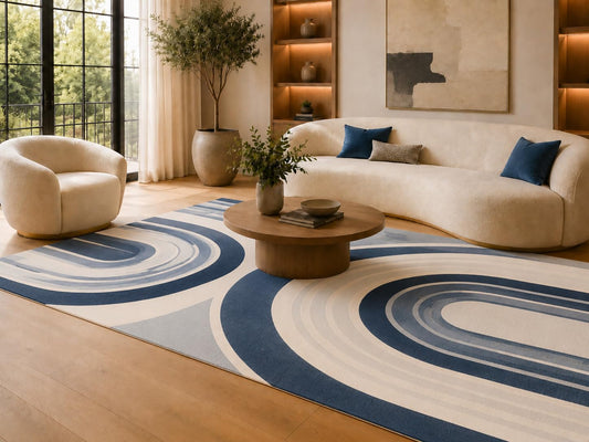 ICE ARMOR 6'7" x 9'10" Blue and Cream Retro Arch Lines Area Rug for Living Room, Soft Low Pile Carpet with Non-Slip Silicone Backing, Floor Decor for Bedroom, Dining Area and Home Office