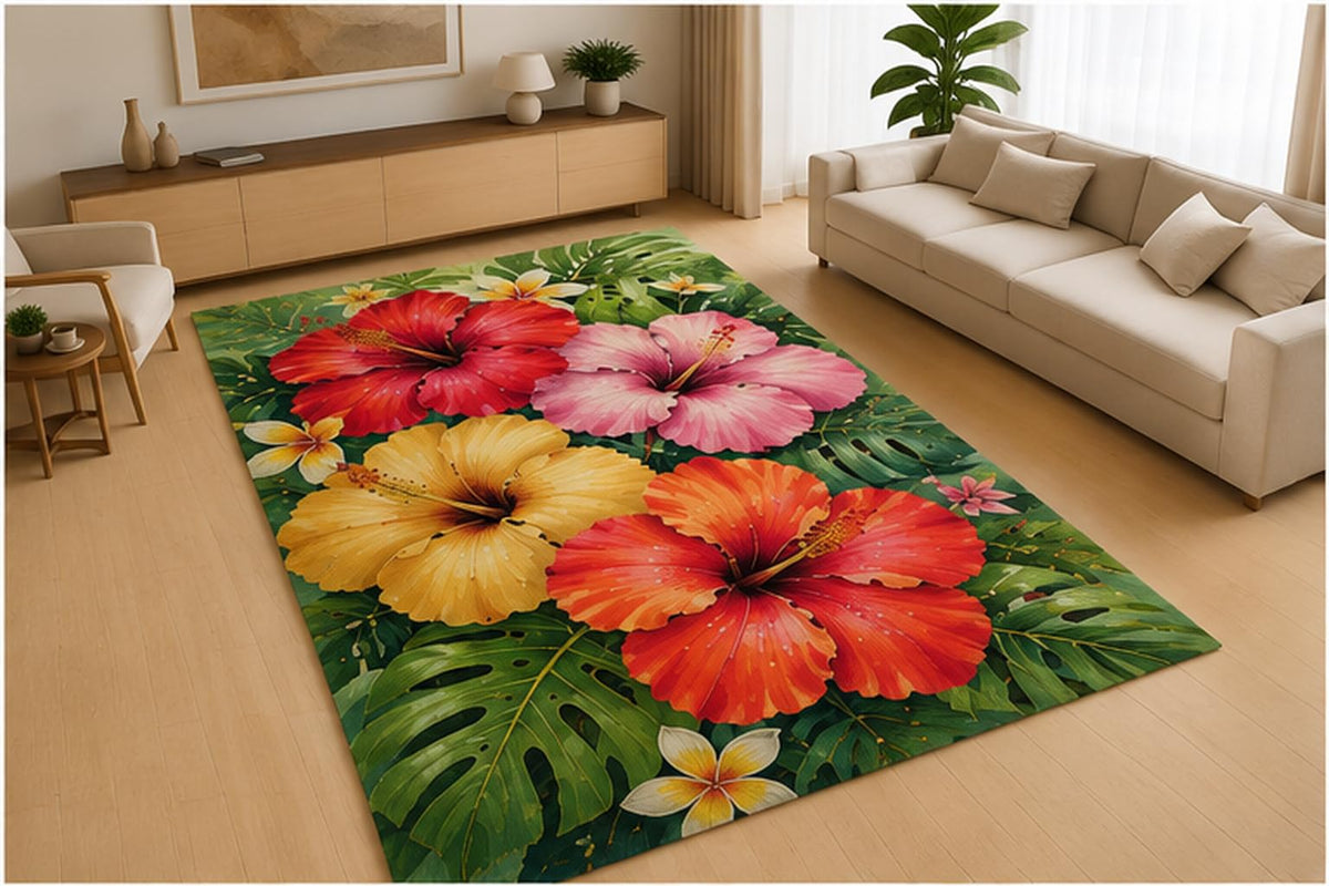 ICE ARMOR 5' x 7' Monstera Tropical Floral Area Rug, Soft Low Pile Indoor Rug with Non-Slip Silicone Backing for Living Room, Bedroom, Office, Family Room, Green
