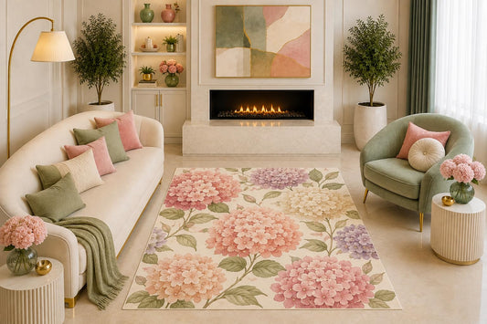 ICE ARMOR "Ultra Light Weight 5' x 7' Pastel Hydrangea Floral Area Rug Vintage Botanical Art Pink Lavender Cream for Living Room Bedroom Dining Room Non-Slip Silicone Backing Low Pile
