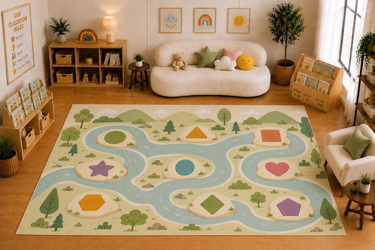 ICE ARMOR Large 6'7" x 9'10" Nature Shape Path Learning Area Rug for for Kids Room, Classroom, Bedroom, Playroom Decor, Soft Low Pile Indoor Rug with Non-Slip Silicone Backing, Green Blue Cream