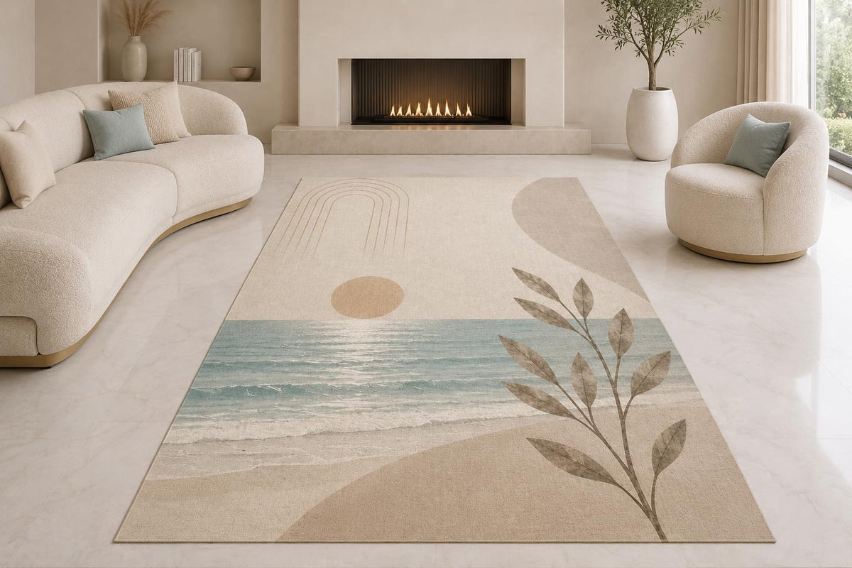 ICE ARMOR "Ultra Lightweight Large 6'7" x 9'10" Coastal Plant Shapes Area Rug for Living Room, Bedroom and Home Office, Soft Low Pile Carpet with Non-Slip Silicone Backing, Aqua and Beige