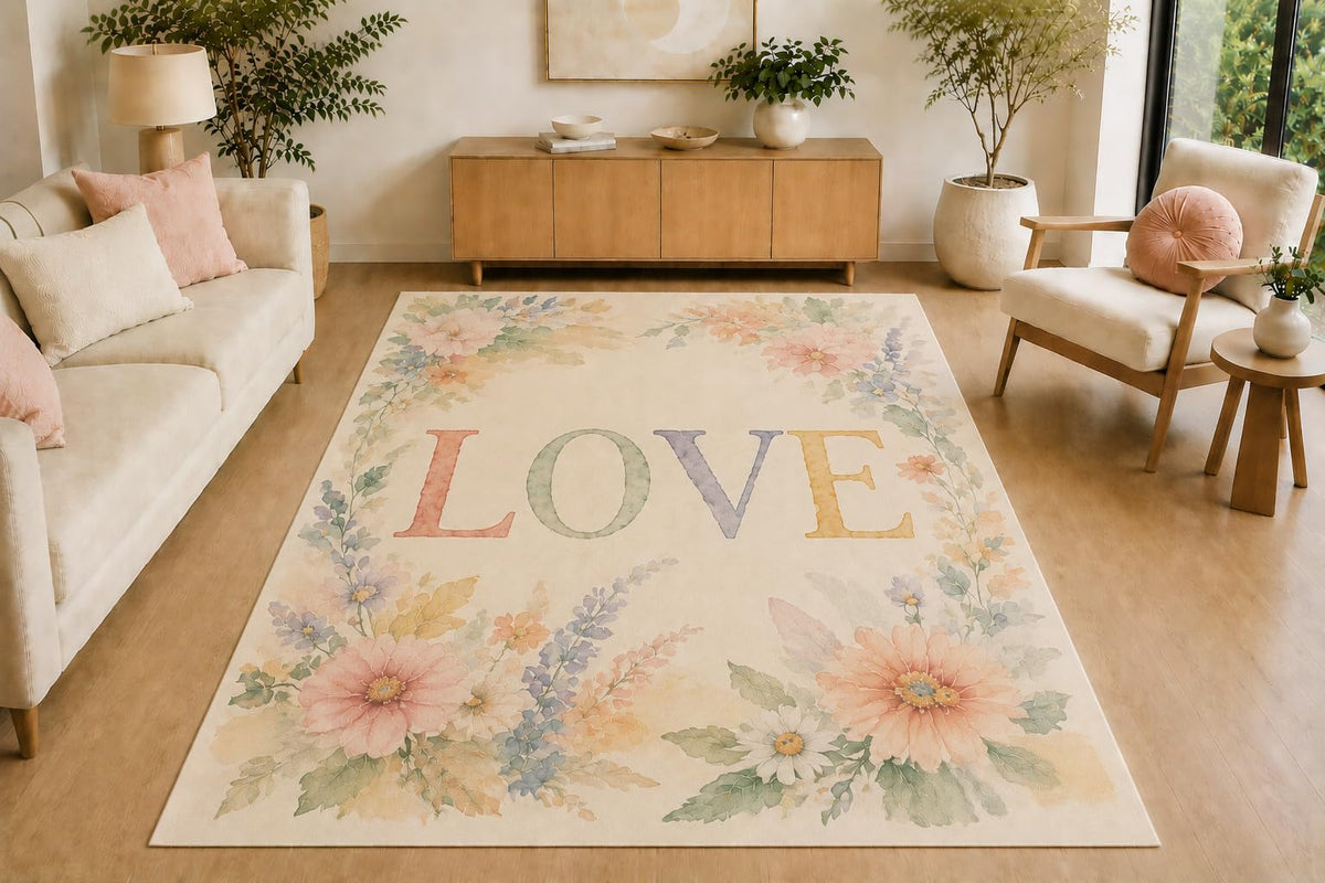 ICE ARMOR 5' x 7' Pastel Wildflower Love Wreath Area Rug, Soft Low Pile Indoor Rug with Non-Slip Silicone Backing for Living Room, Bedroom, Nursery, Kids Room, Kids & Pets, Cream Pink Lavender