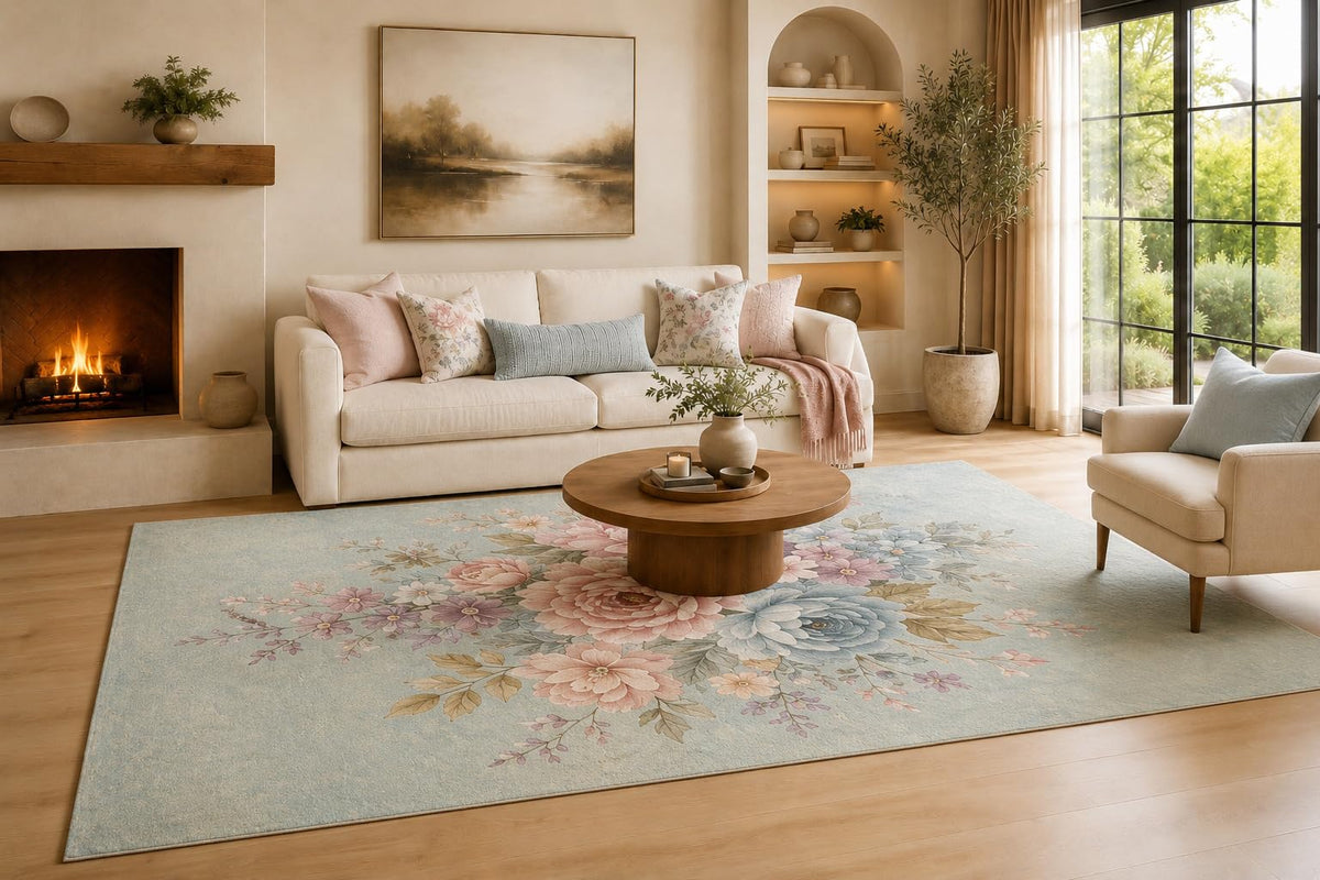 ICE ARMOR Large 6'7" x 9'10" Light Blue and Blush Central Bloom Bouquet Area Rug for Living Room, Soft Low Pile Carpet with Non-Slip Silicone Backing, Decor for Bedroom and Home Office