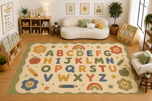 ICE ARMOR Large 6'7" x 9'10" Colorful Alphabet ABC Area Rug for for Kids Room, Classroom, Bedroom, Playroom Decor, Soft Low Pile Indoor Rug with Non-Slip Silicone Backing, Beige Multicolor