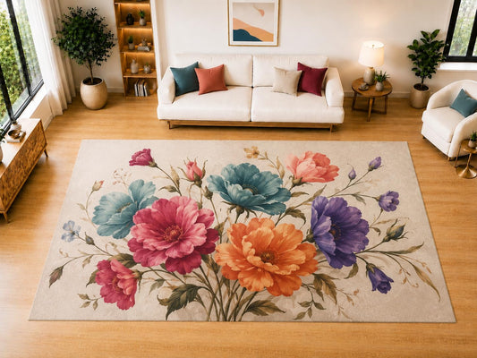 ICE ARMOR "Ultra Light Weight Large 6'7" x 9'10" Garden Rose Pattern Area Rug for Living Room Bedroom Dining Room, Soft Low Pile Non-Slip Backing, Coral Pink Cream Green Vintage Floral Decor