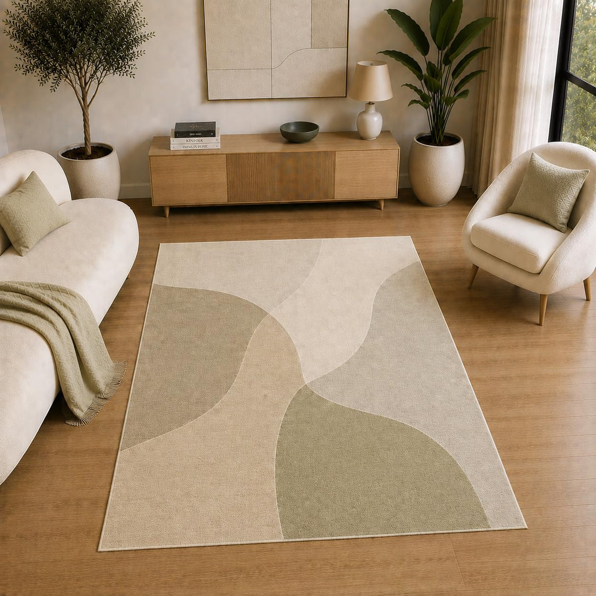 ICE ARMOR 5' x 7' Modern Organic Curve Area Rug for Living Room, Soft Low Pile Indoor Rug with Non-Slip Silicone Backing, Decorative Carpet for Bedroom, Office, Family Room, Beige