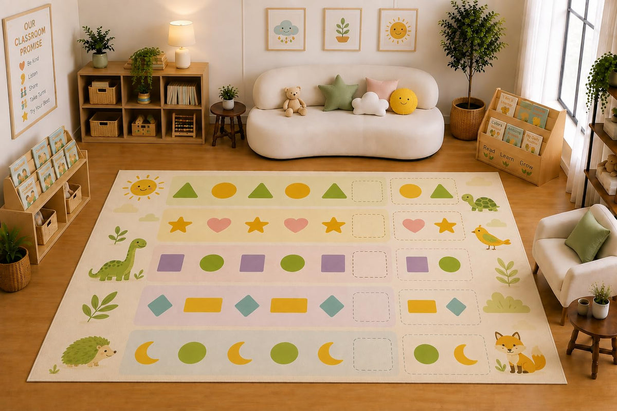 ICE ARMOR Large 6'7" x 9'10" Shape Pattern Learning Activity Area Rug for for Kids Room, Classroom, Bedroom, Playroom Decor, Soft Low Pile Indoor Rug with Non-Slip Silicone Backing, Pastel Cream