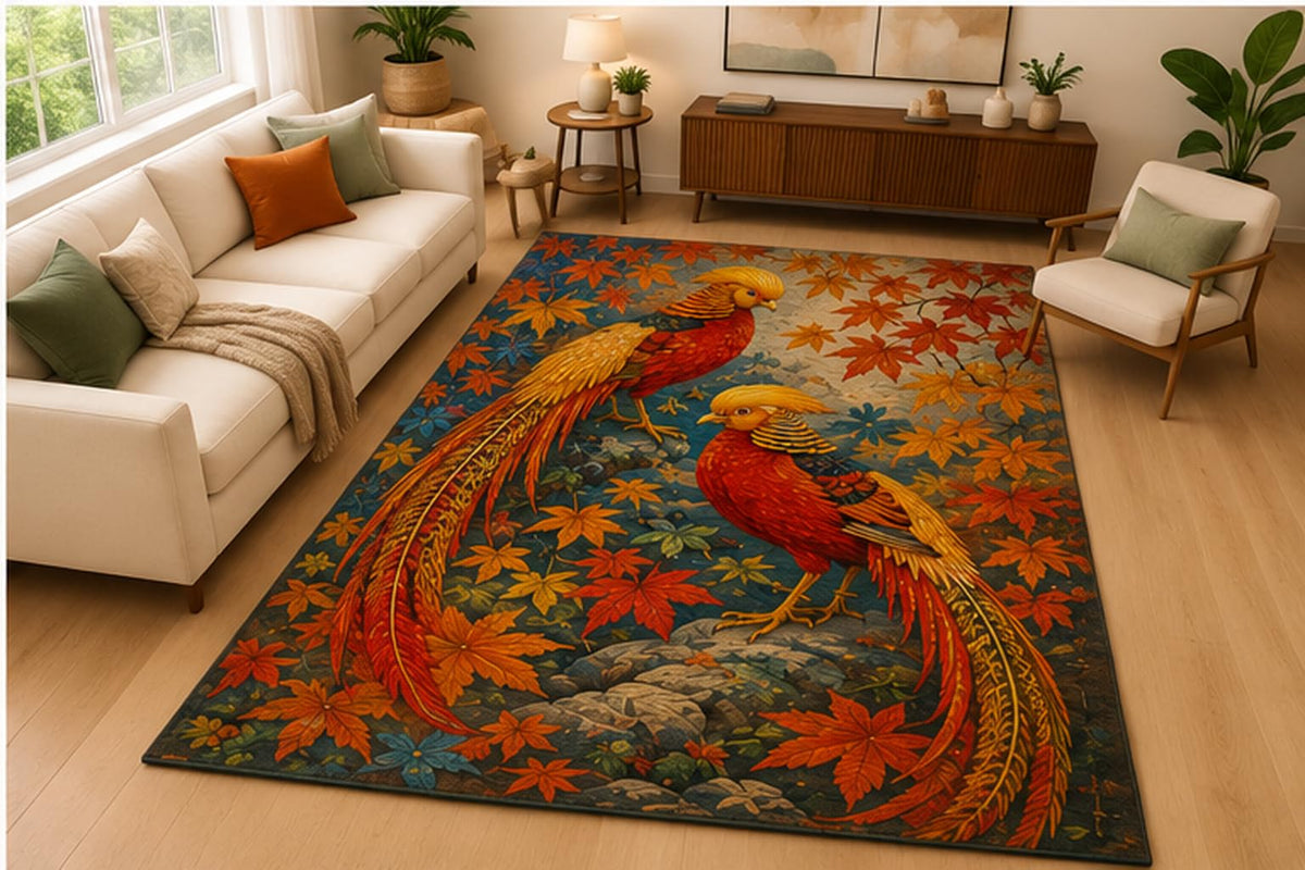 ICE ARMOR 5' x 7' Phoenix Bird Autumn Forest Area Rug Soft Low Pile Indoor Rug with Non Slip Silicone Backing Fantasy Animal Decor Carpet for Living Room Bedroom Office Family Room Red