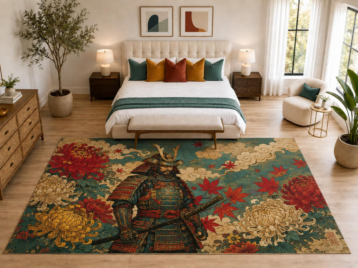 ICE ARMOR "Ultra Light Weight Large 6'7" x 9'10" Samurai Floral Garden Rug, Soft Low Pile Indoor Rug, Non-Slip Silicone Backing for Living Room Teal