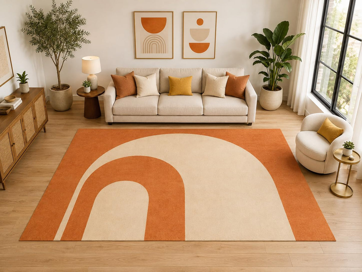 ICE ARMOR Large 6'7" x 9'10" Retro Rainbow Arch Area Rug for for Bedroom, Living Room, Soft Low Pile Indoor Rug with Non-Slip Silicone Backing, Burnt Orange Ivory