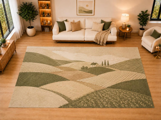 ICE ARMOR "Ultra Light Weight Large 6'7" x 9'10" Countryside Patchwork Fields Area Rug for Living Room, Bedroom, Dining Room, Soft Low Pile Non-Slip Backing, Olive Cream