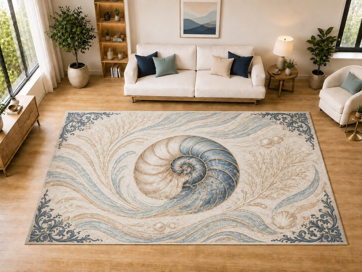 ICE ARMOR "Ultra Light Weight Large 6'7" x 9'10" Nautilus Waves Area Rug for Dining, Living Room, Bedroom, Soft Low Pile Indoor Rug with Non-Slip Silicone Backing, Blue Cream