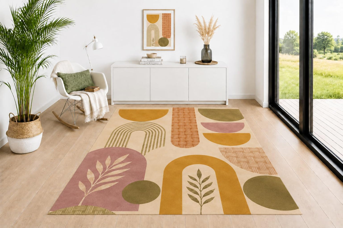 ICE ARMOR 5' x 7' Oasis Area Rug, Palm Trees River Sunset Scene in Sage Green Mustard Terracotta Beige, Neutral Floor Carpet for Living Room Bedroom Office Decor