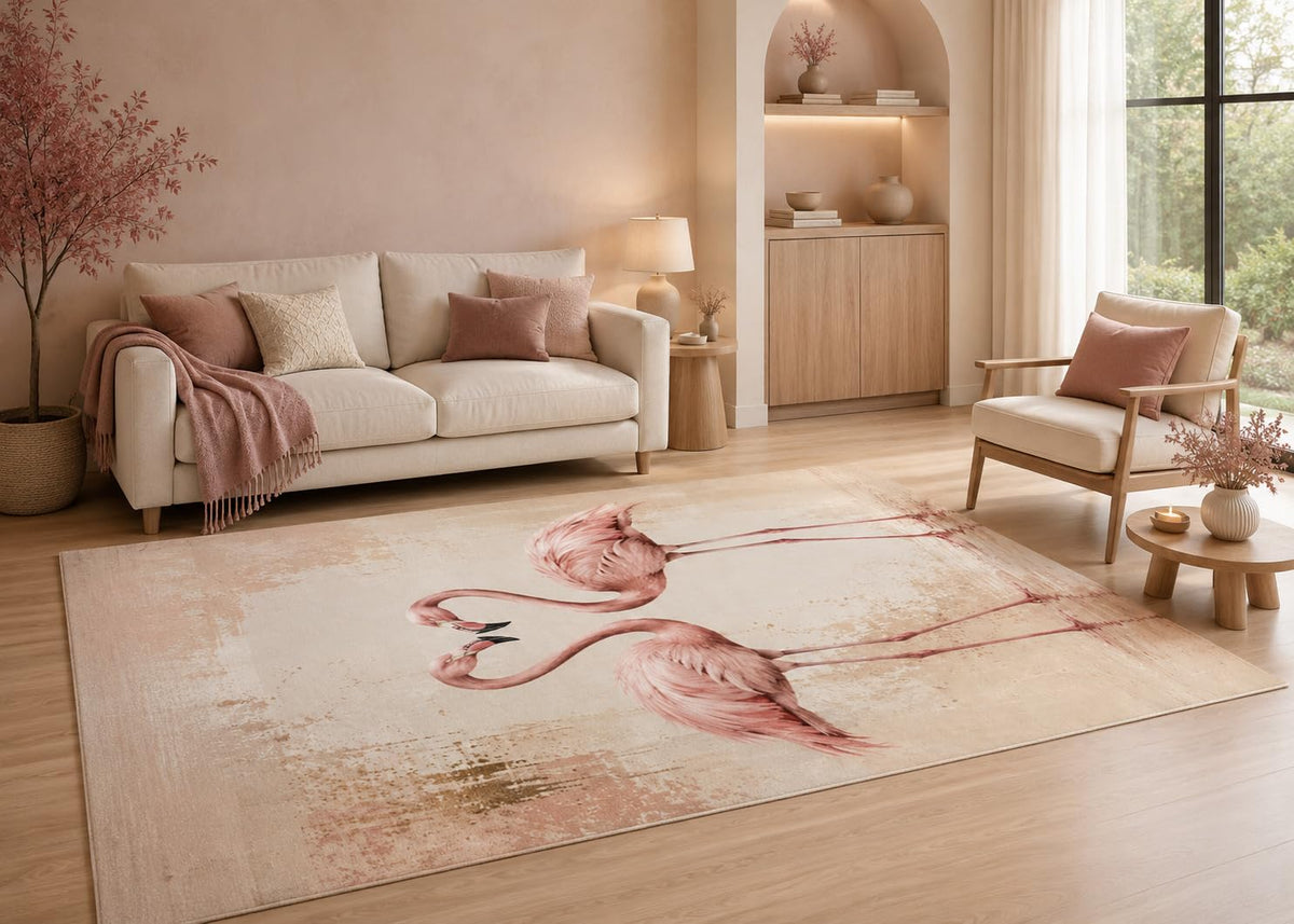 ICE ARMOR 5' x 7' Pink Flamingo Area Rug with Non-Slip Silicone Backing Low Pile Soft Carpet for Living Room Bedroom Nursery Tropical Bird Coastal Decor