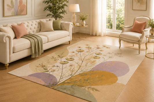 ICE ARMOR 5' x 7' Abstract Botanical Circle Area Rug for Living Room, Soft Low Pile Indoor Carpet with Non-Slip Backing for Bedroom, Dining Room, Office, Mustard