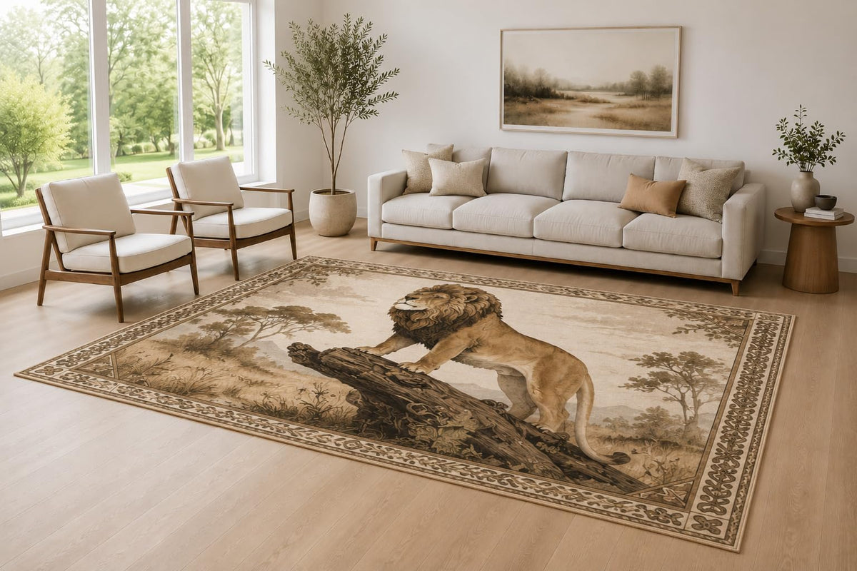 ICE ARMOR Large 6'7" x 9'10" Brown and Beige Majestic Lion Area Rug for Living Room, Soft Low Pile Carpet with Non-Slip Silicone Backing, Decor for Bedroom and Home Office
