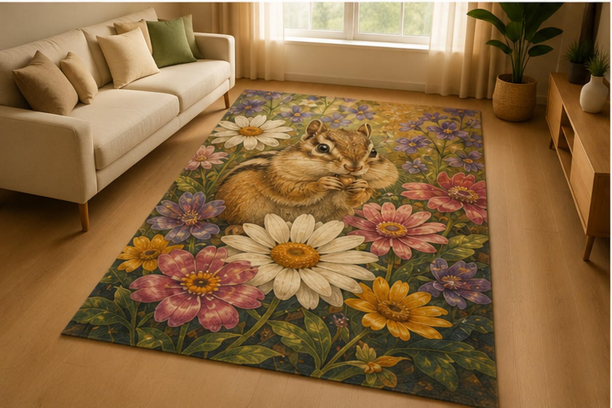 ICE ARMOR 5' x 7' Chipmunk Daisy Garden Area Rug for Living Room, Soft Low Pile Indoor Rug with Non-Slip Silicone Backing, Woodland Animal Decor for Bedroom, Nursery, Kids Room, Kids & Pets, Brown